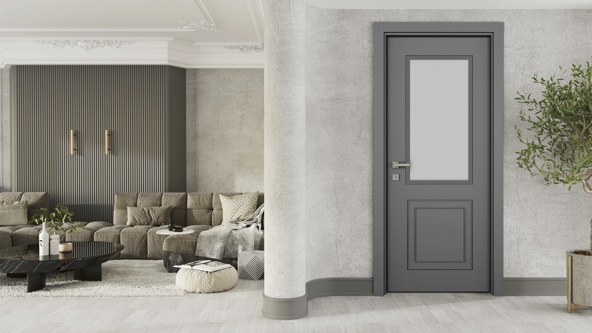 Luxury Haki Gri Camlı Kapı